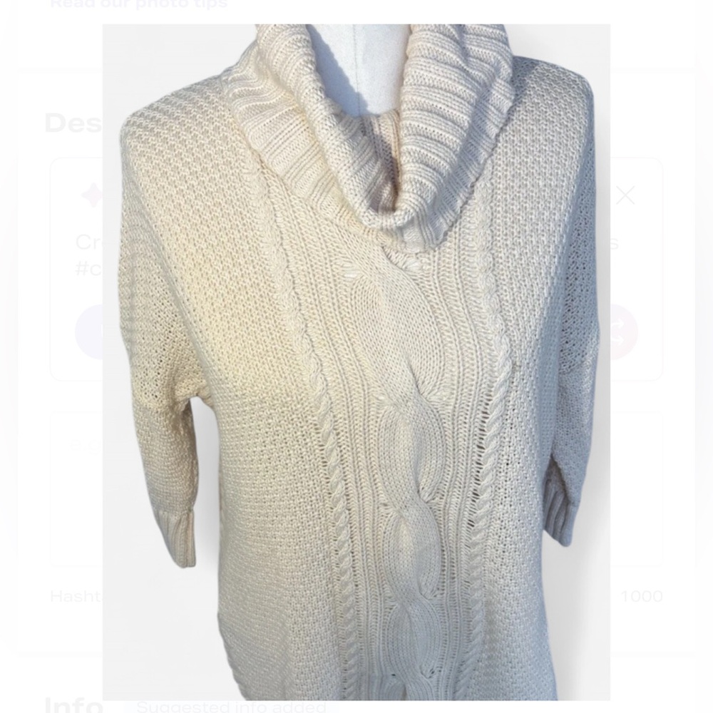Express Turtleneck Cable knit Tunic 3/4 Sleeve Sweater  Beige Small Chunky Fall